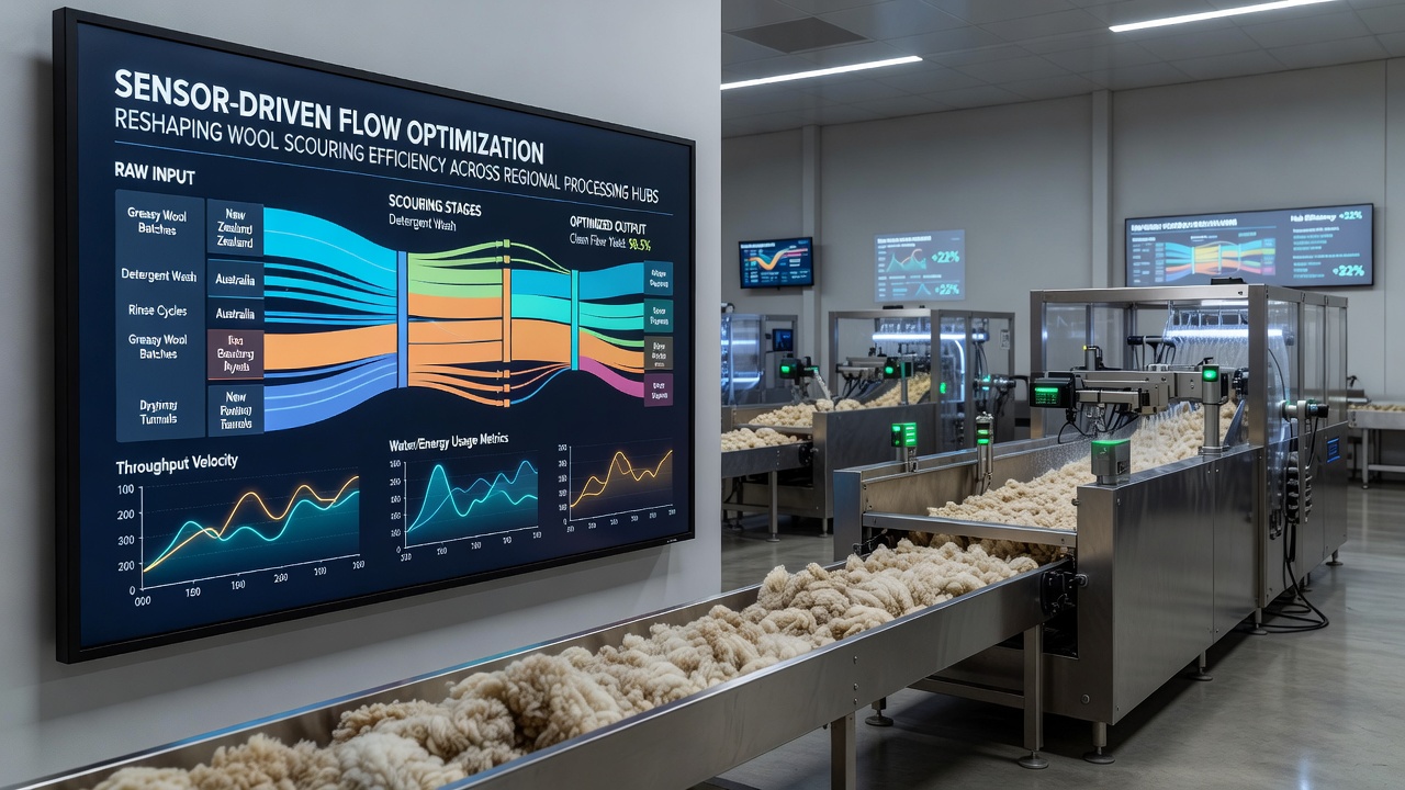 Control room displays showing real-time flow optimization data from multiple wool scouring lines