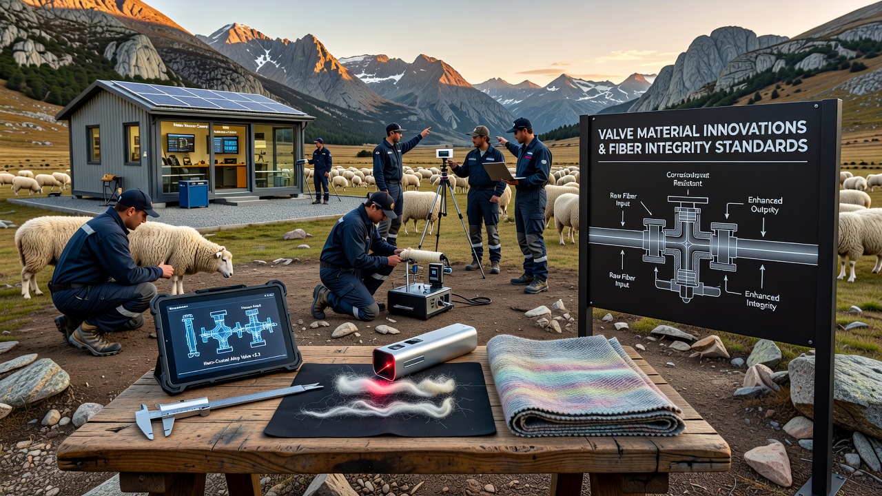 Close-up view of specialized valve materials handling wool fibers at a remote mountain station